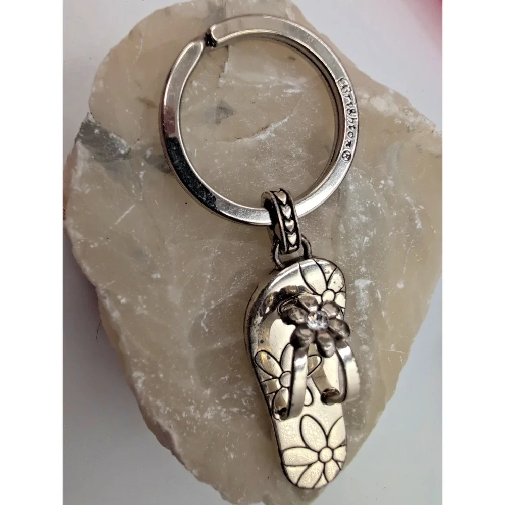 Brighton Silver Tone Flip Flop Sandal Keychain Floral Charm Crystal Accent wear